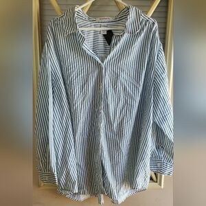 Roaman's Green and White Striped Casual Shirt, Button Up